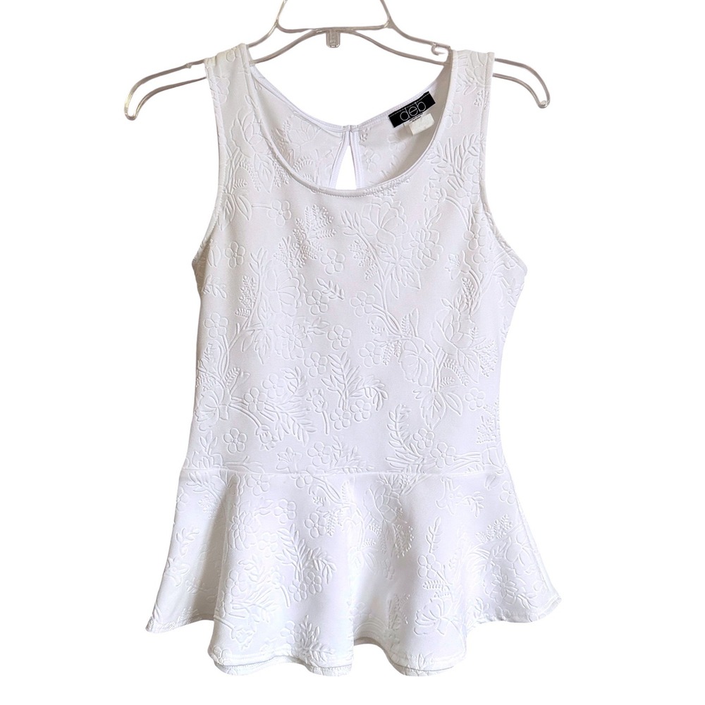 Vintage Deb White Floral Jacquard Peplum Top S Sleeveless Keyhole Back Y2K USA
